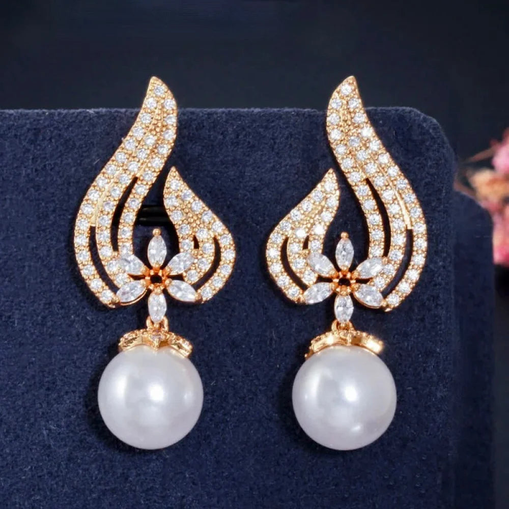 Wedding Jewelry - Pearl and Cubic Zirconia Bridal Earrings