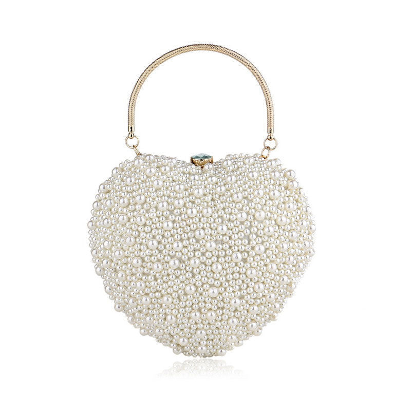 Beige Heart Shaped Bag With Faux Pearl And Crystal Details One Size /
