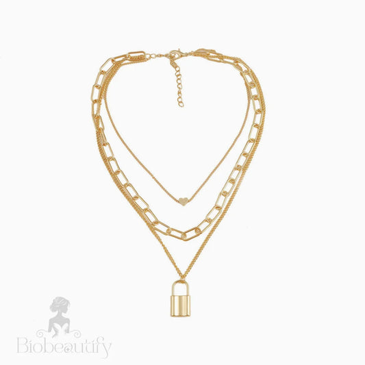 Layered Chain-Link Gold Lock Pendant Necklace One Size /