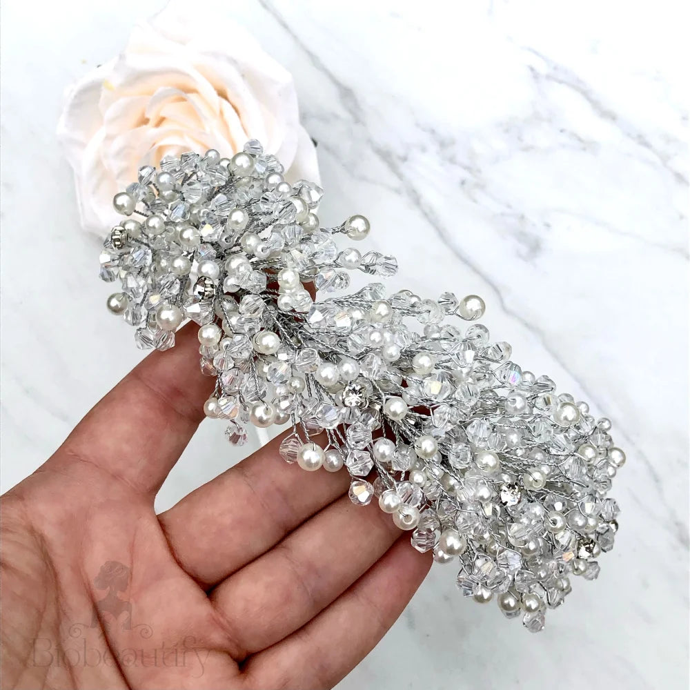 Leah Silver Pearl Crystal Bridal Headband