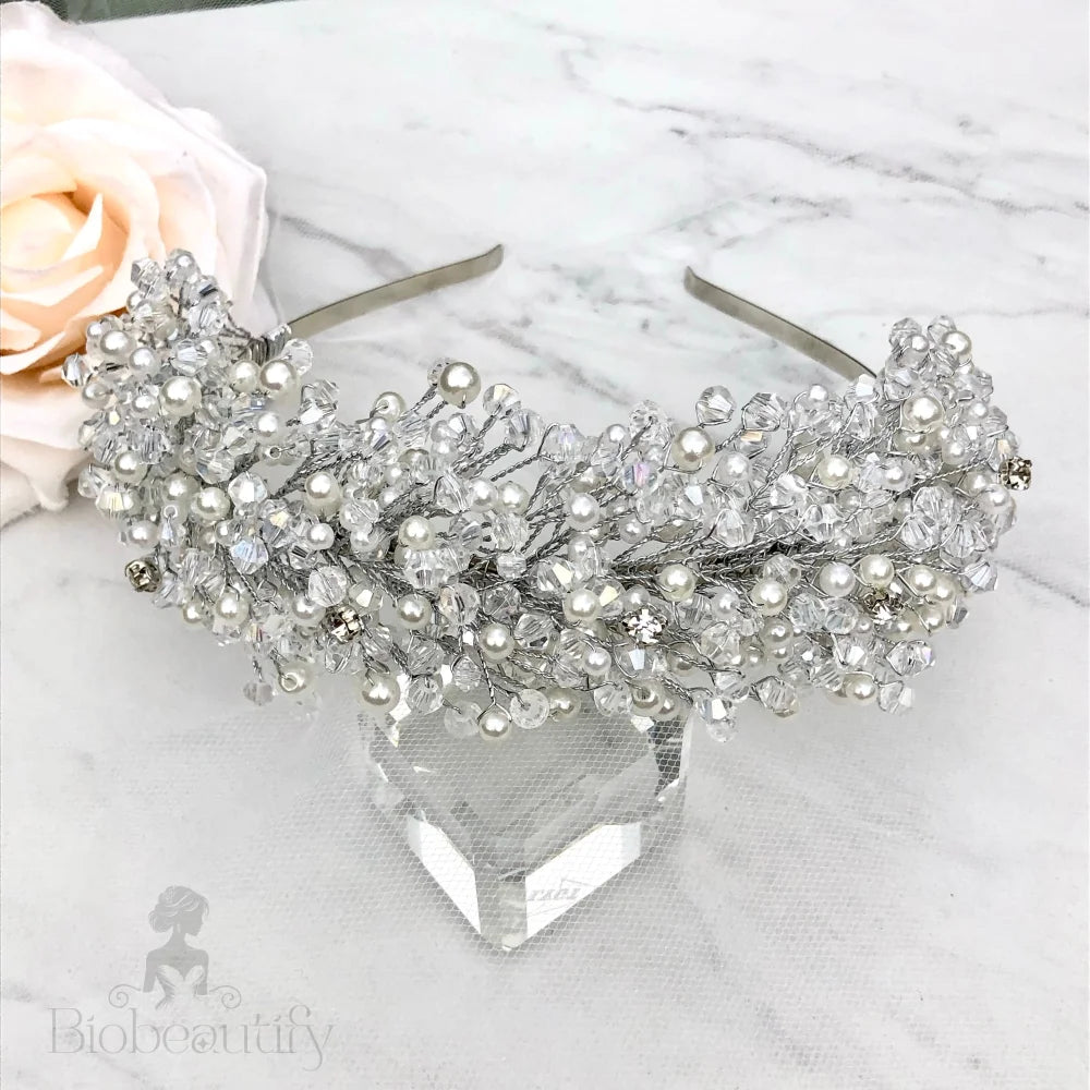 Leah Silver Pearl Crystal Bridal Headband