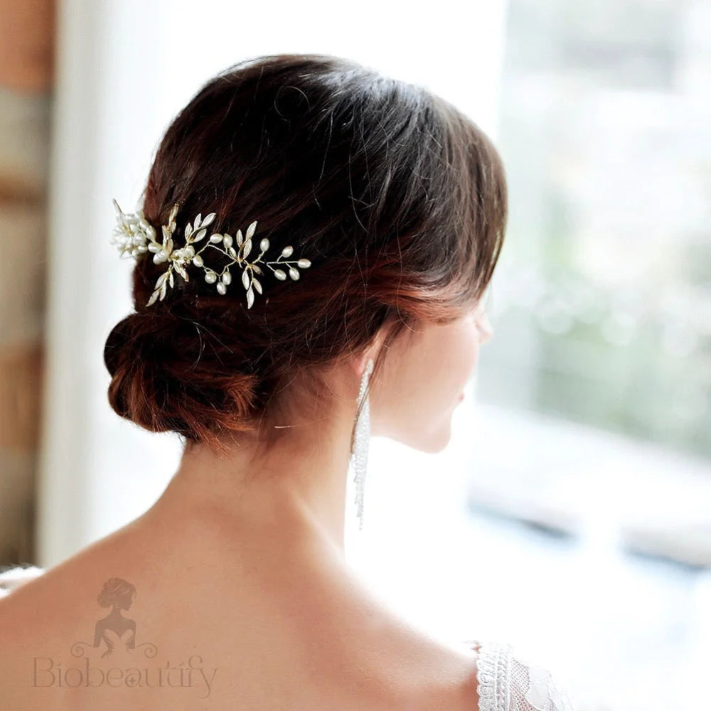 Leandra Gold Pearl Bridal Hair Accessory