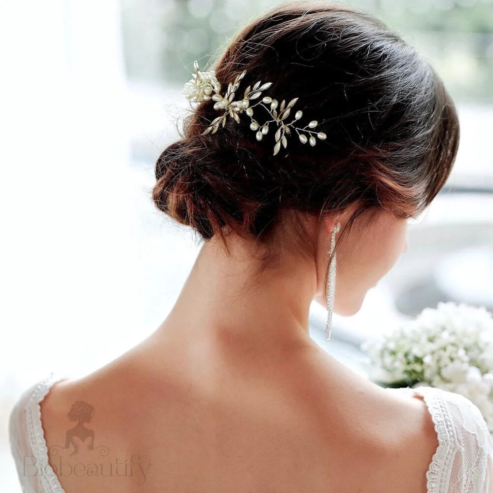 Leandra Gold Pearl Bridal Hair Accessory