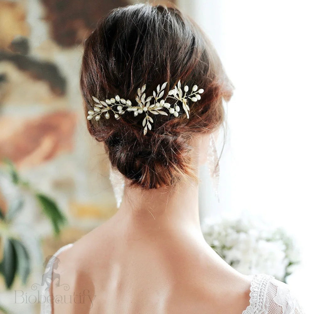 Leandra Gold Pearl Bridal Hair Accessory