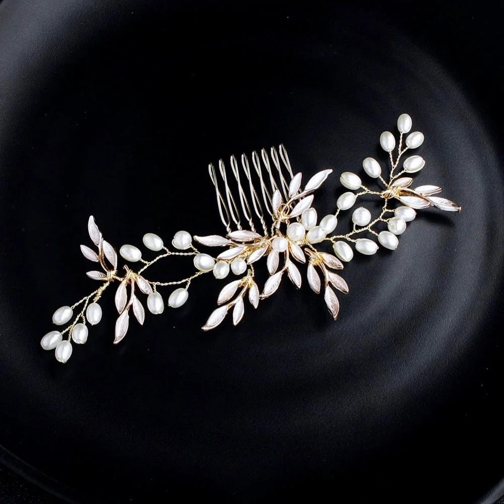 Leandra Gold Pearl Bridal Hair Accessory