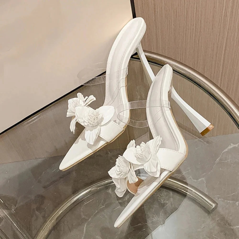 Leather Flowers Pointed Toe Thin High Heels Modern Slippers Women Sandals