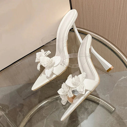 Leather Flowers Pointed Toe Thin High Heels Modern Slippers Women Sandals