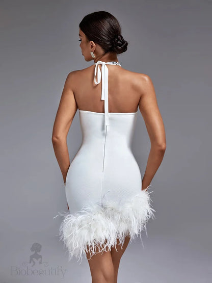 Leilani Bandage Halter Dress With Rhinestone Cut Outs And Feathers