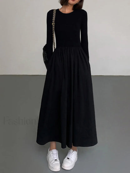 Leisure Pockets Long Sleeve Long Dress Dresses