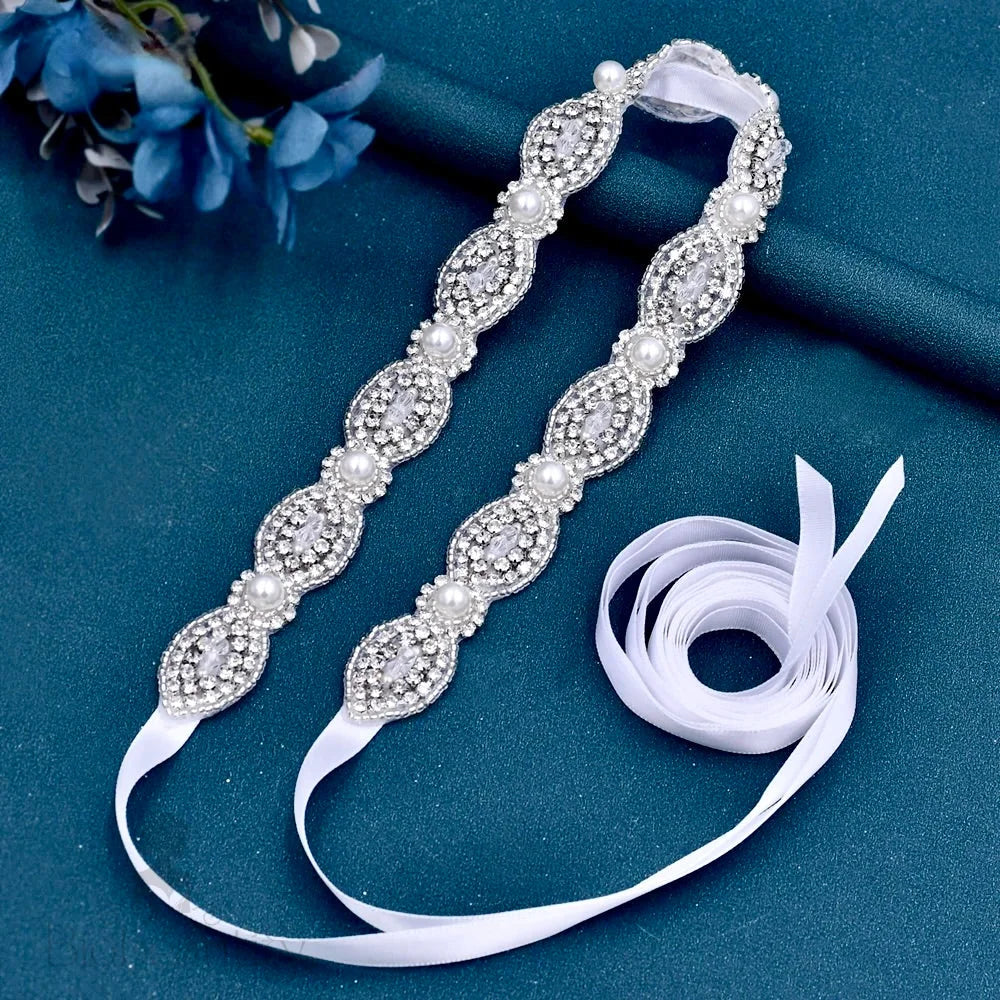 Lennon Silver Pearl Crystal Bridal Belt Sash