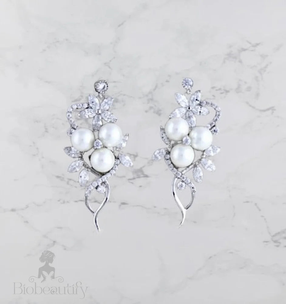 Lenya Pearl And Cz Bridal Earrings In Rose Gold Silver