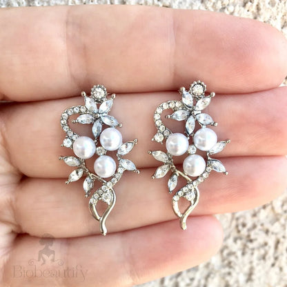 Lenya Pearl And Cz Bridal Earrings In Rose Gold Silver