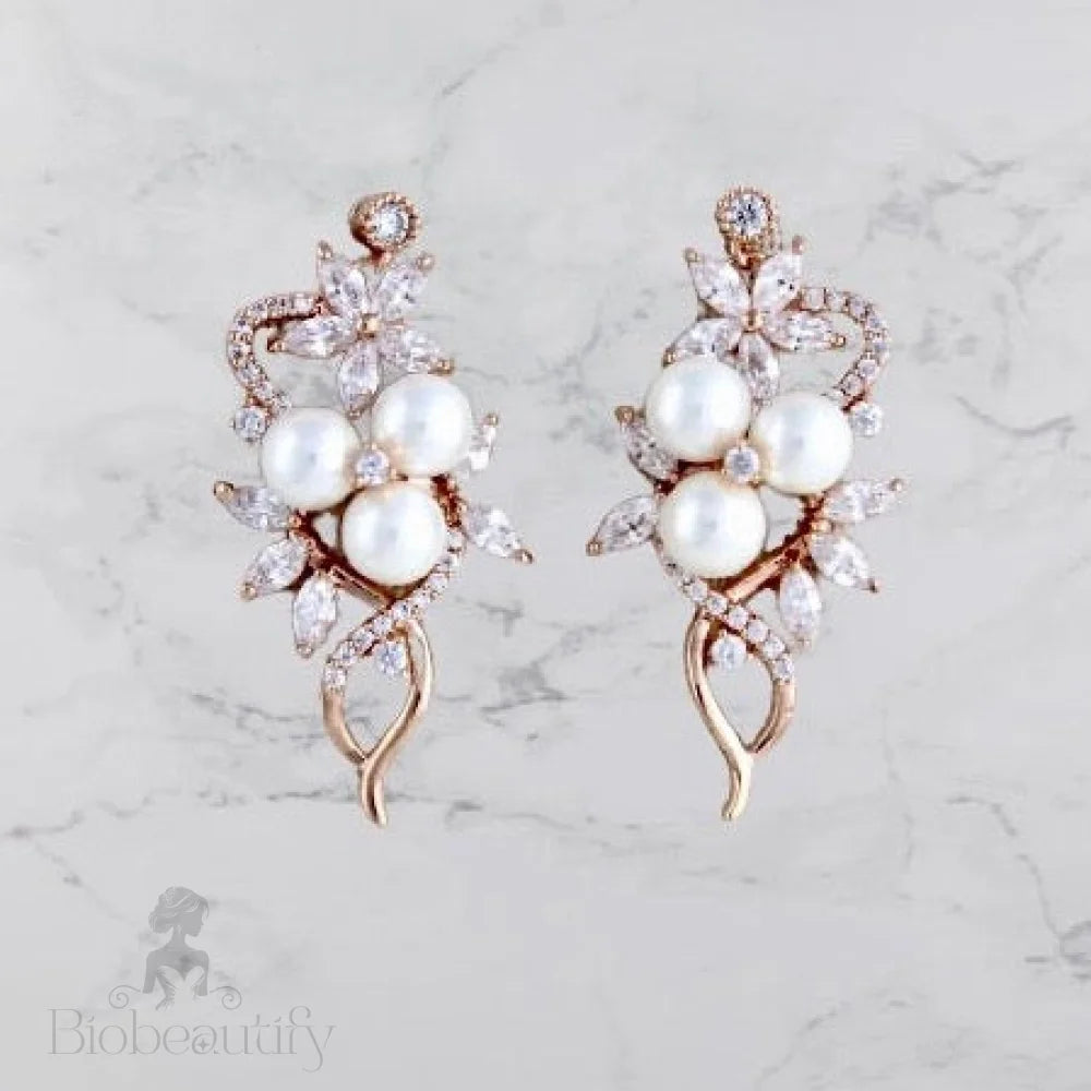 Lenya Pearl And Cz Bridal Earrings In Rose Gold Silver