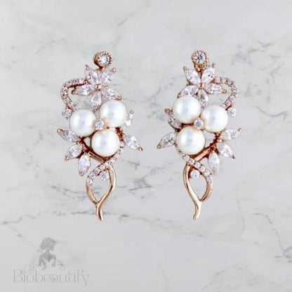 Lenya Pearl And Cz Bridal Earrings In Rose Gold Silver