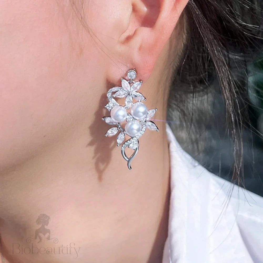 Lenya Pearl And Cz Bridal Earrings In Rose Gold Silver