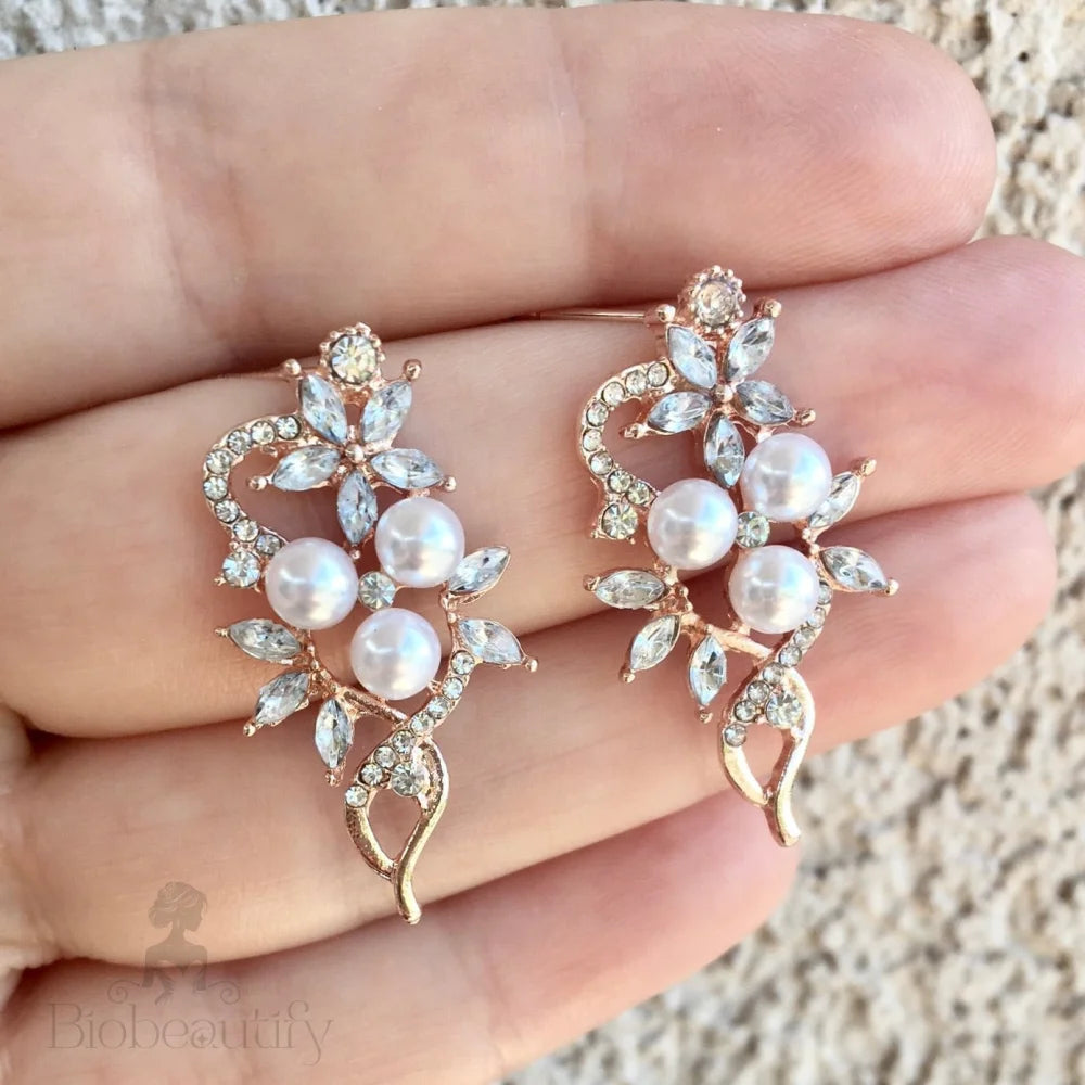 Lenya Pearl And Cz Bridal Earrings In Rose Gold Silver