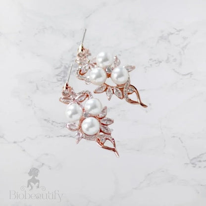 Lenya Pearl And Cz Bridal Earrings In Rose Gold Silver