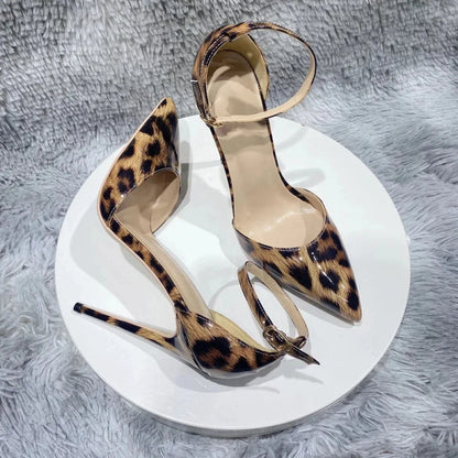 Leopard Pointy Toe High Heel Ankle Strap Shoes For Summer