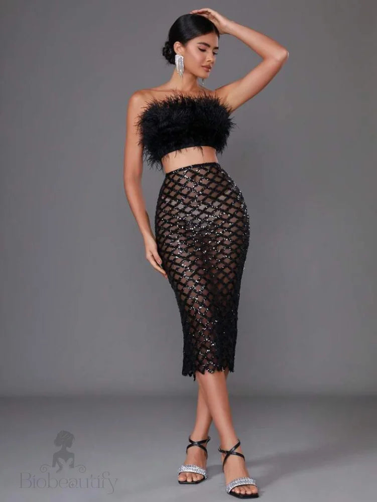 Libby Feather Top And Sequined Skirt Set