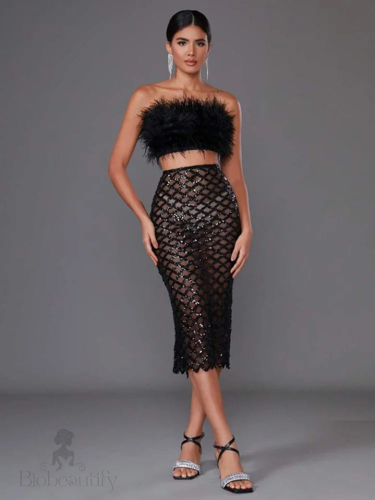 Libby Feather Top And Sequined Skirt Set