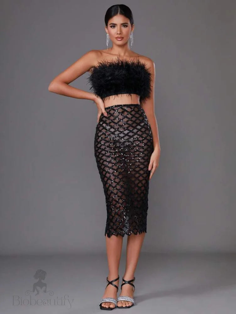 Libby Feather Top and Sequined Skirt Two Piece Dress Set - SunsetFashionLA