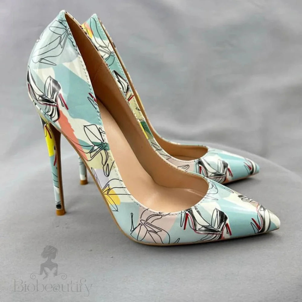 Light Green Print Women Pointy Toe High Heel Shoes