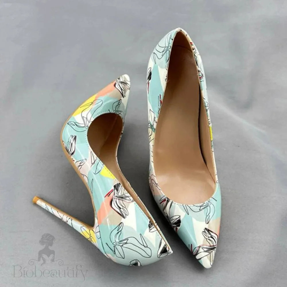 Light Green Print Women Pointy Toe High Heel Shoes