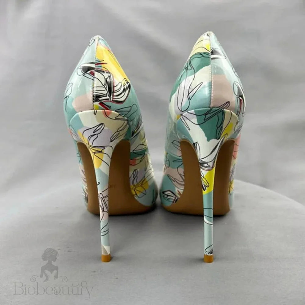 Light Green Print Women Pointy Toe High Heel Shoes