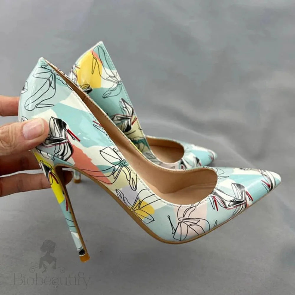 Light Green Print Women Pointy Toe High Heel Shoes