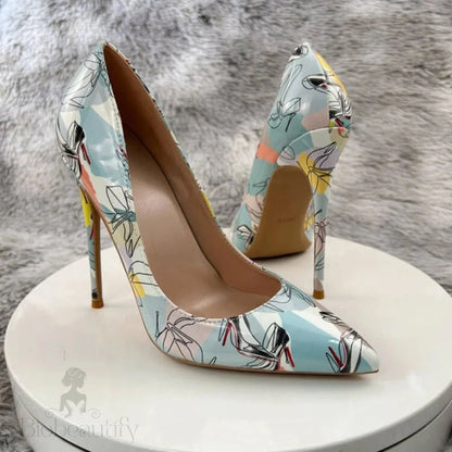 Light Green Print Women Pointy Toe High Heel Shoes