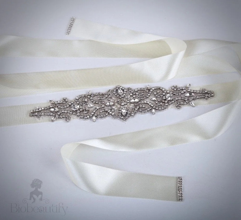 Linda Wedding Crystal And Pearl Silver Sash Belt