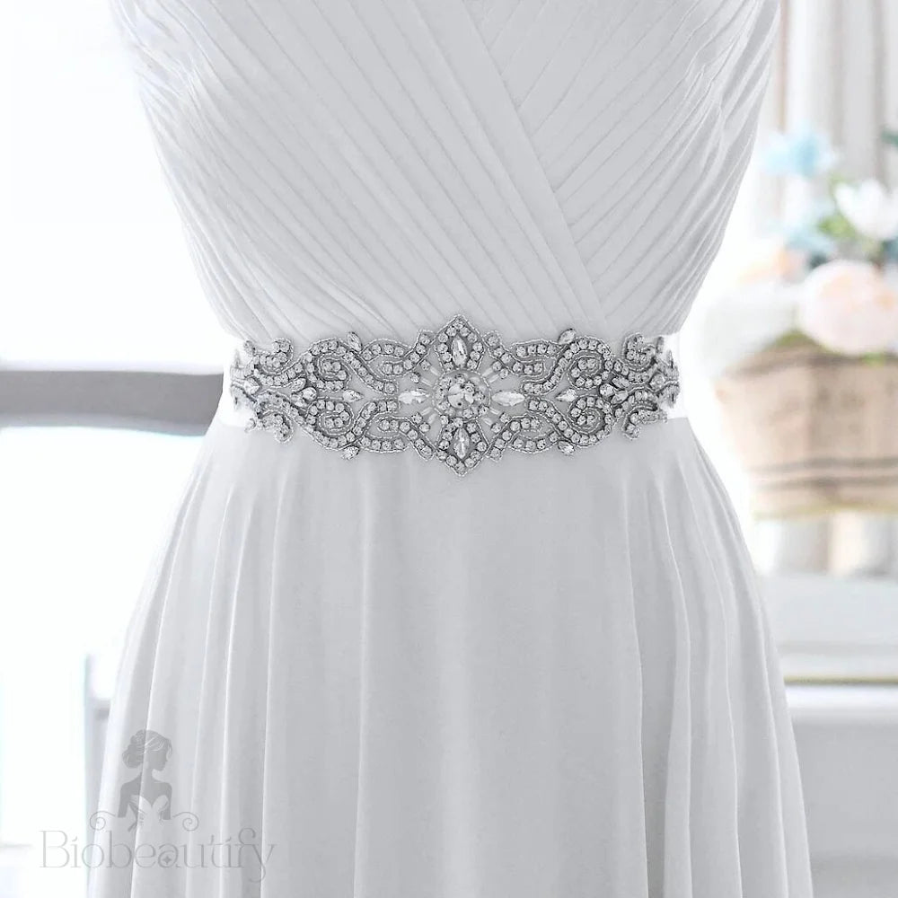 Linda Wedding Crystal And Pearl Silver Sash Belt