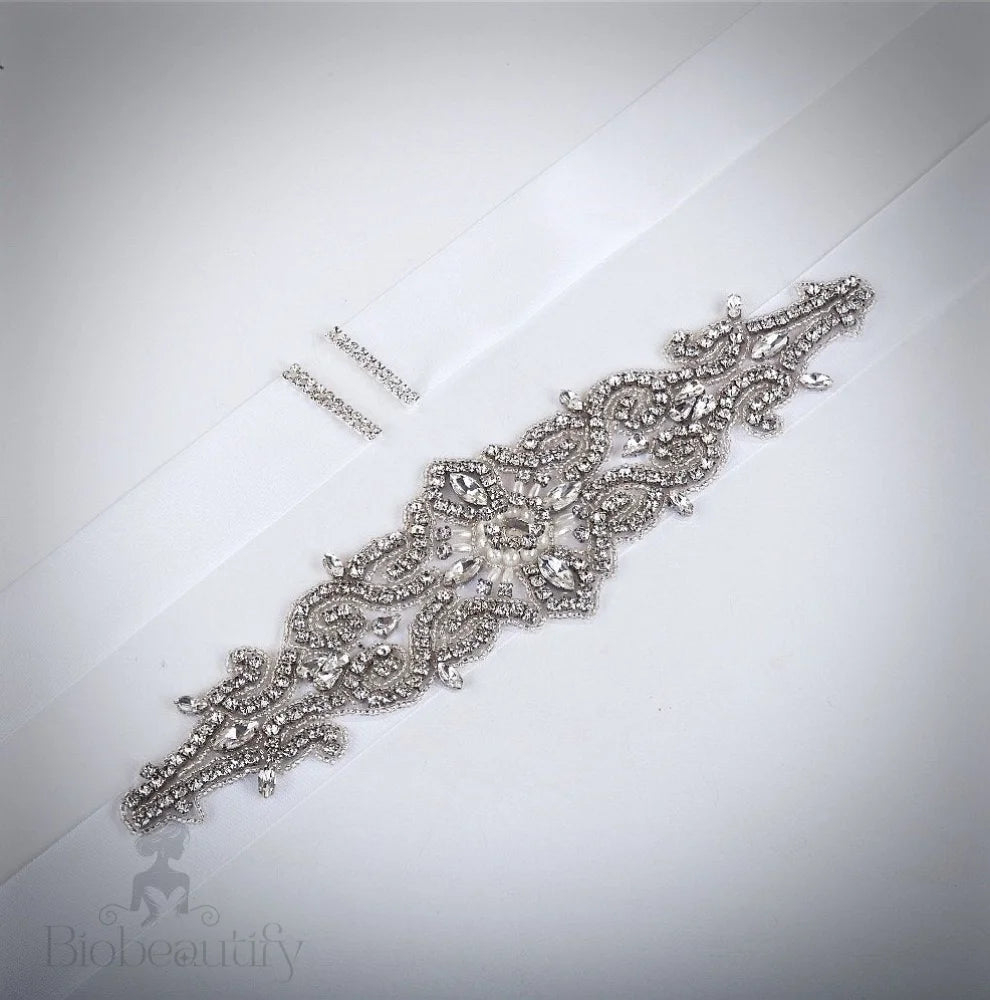 Linda Wedding Crystal And Pearl Silver Sash Belt