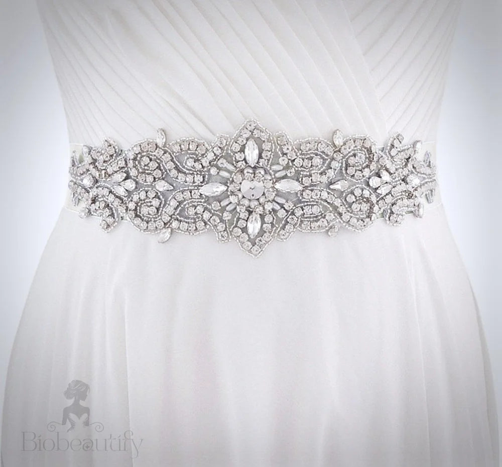 Linda Wedding Crystal And Pearl Silver Sash Belt