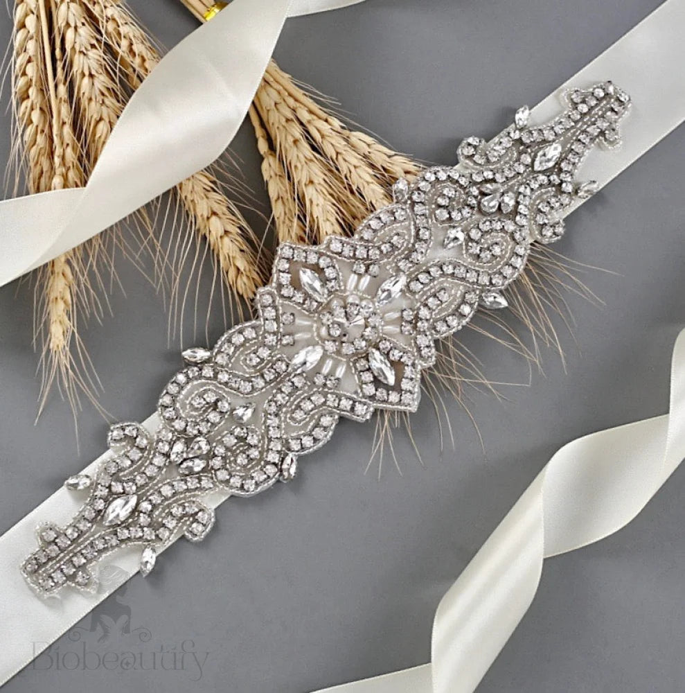 Linda Wedding Crystal And Pearl Silver Sash Belt