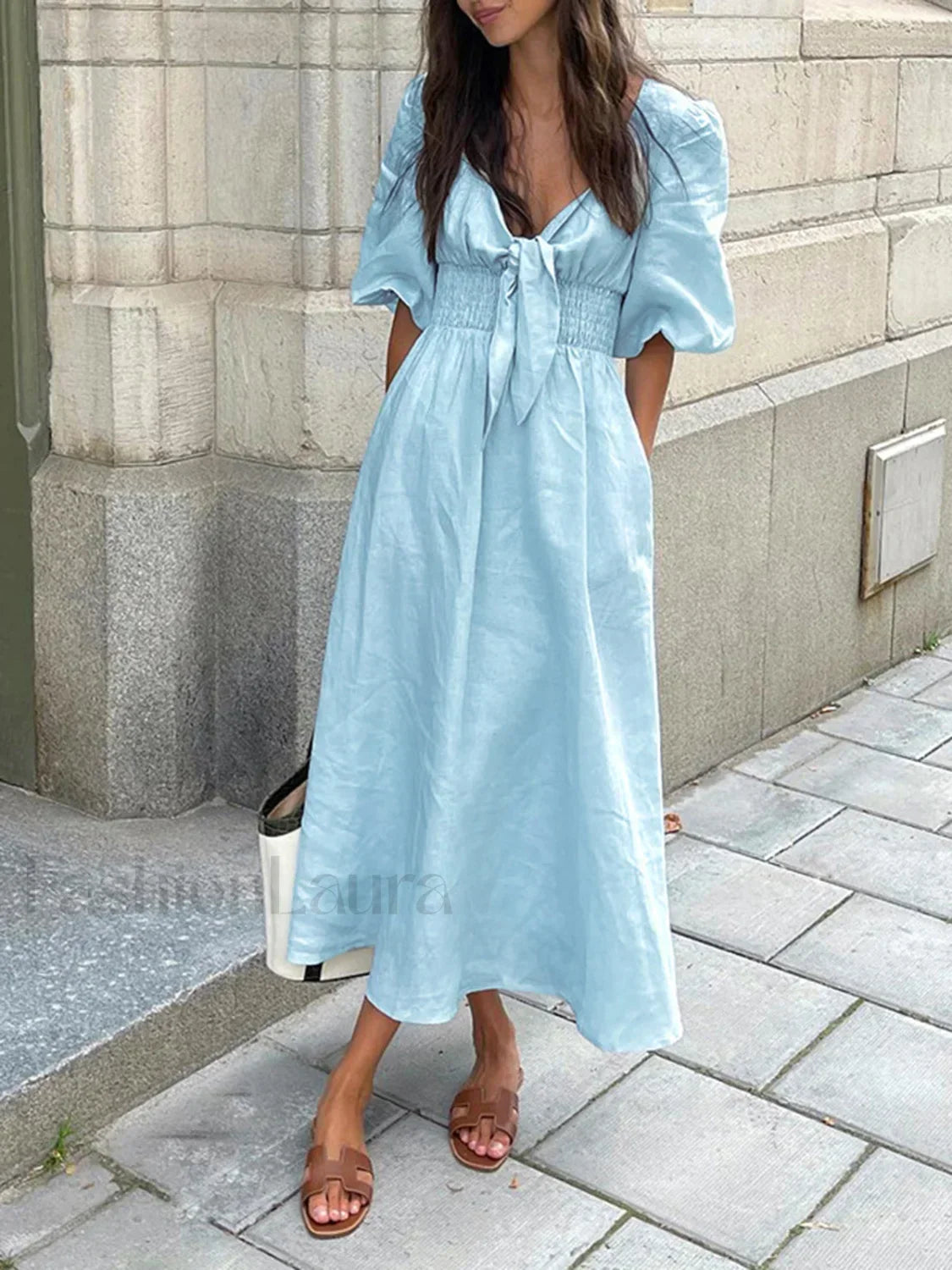 Linen Cotton Front Tie Midi Dress Dresses