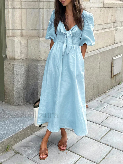 Linen Cotton Front Tie Midi Dress Dresses