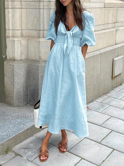 Linen Cotton Front Tie Midi Dress Dresses