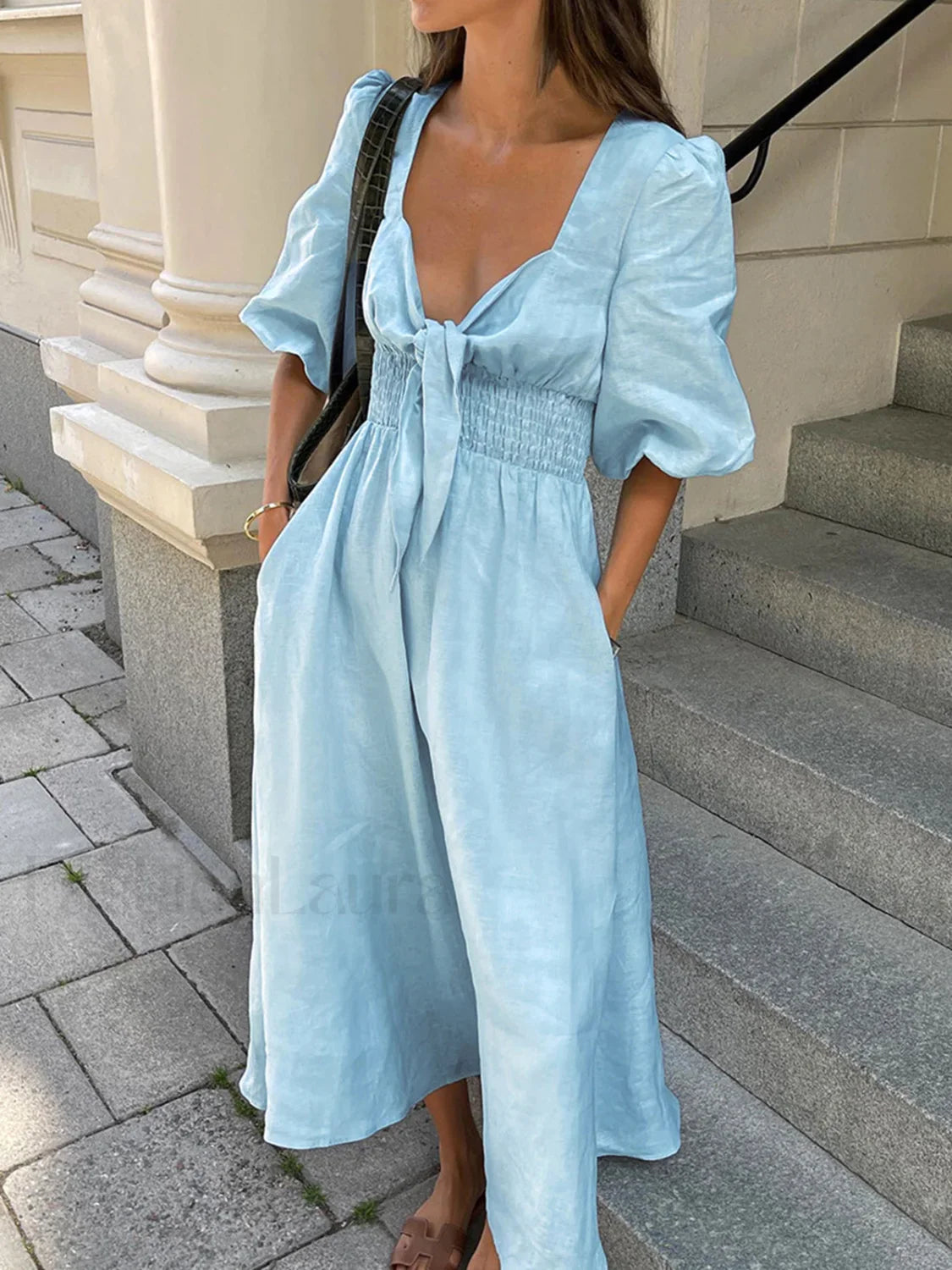 Linen Cotton Front Tie Midi Dress Blue / XS Dresses