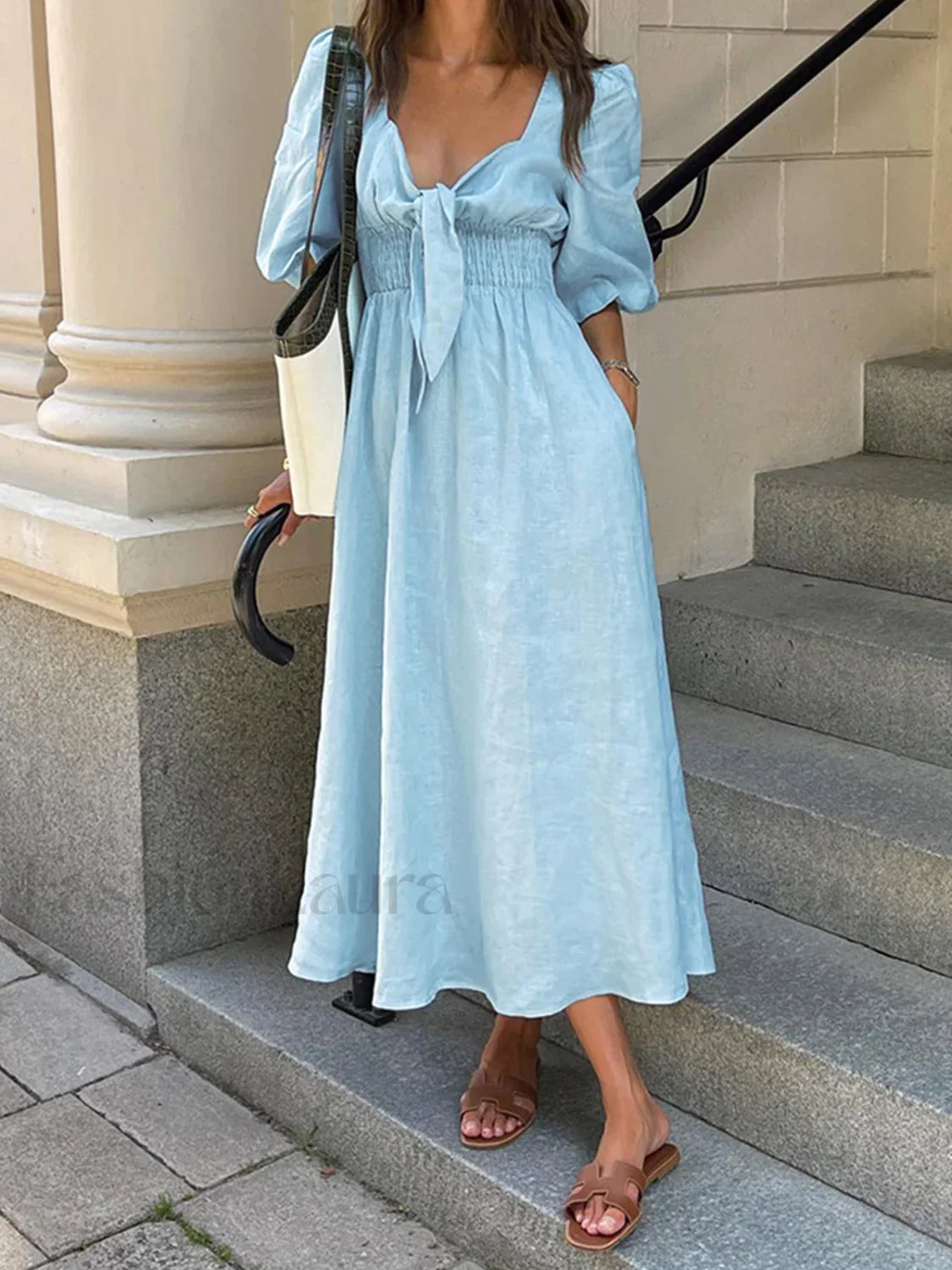 Linen Cotton Front Tie Midi Dress Dresses