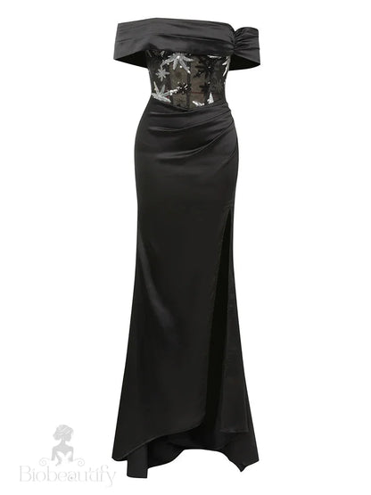 Liora Off Shoulder Satin Gown Dress With Sequin Patchwork