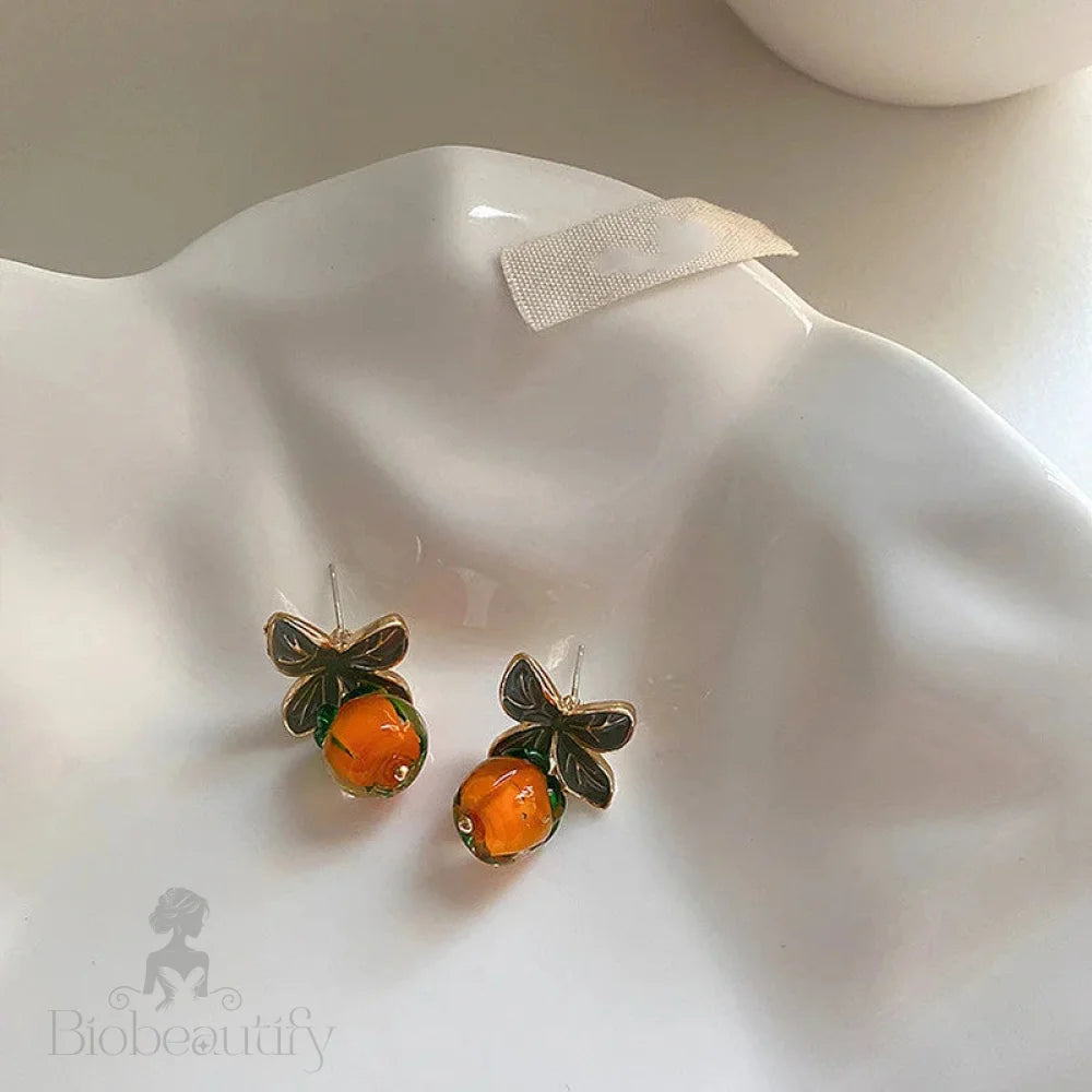 Lizakosht Enamel Resin Persimmon Drop Earrings With Green Leaves For Women