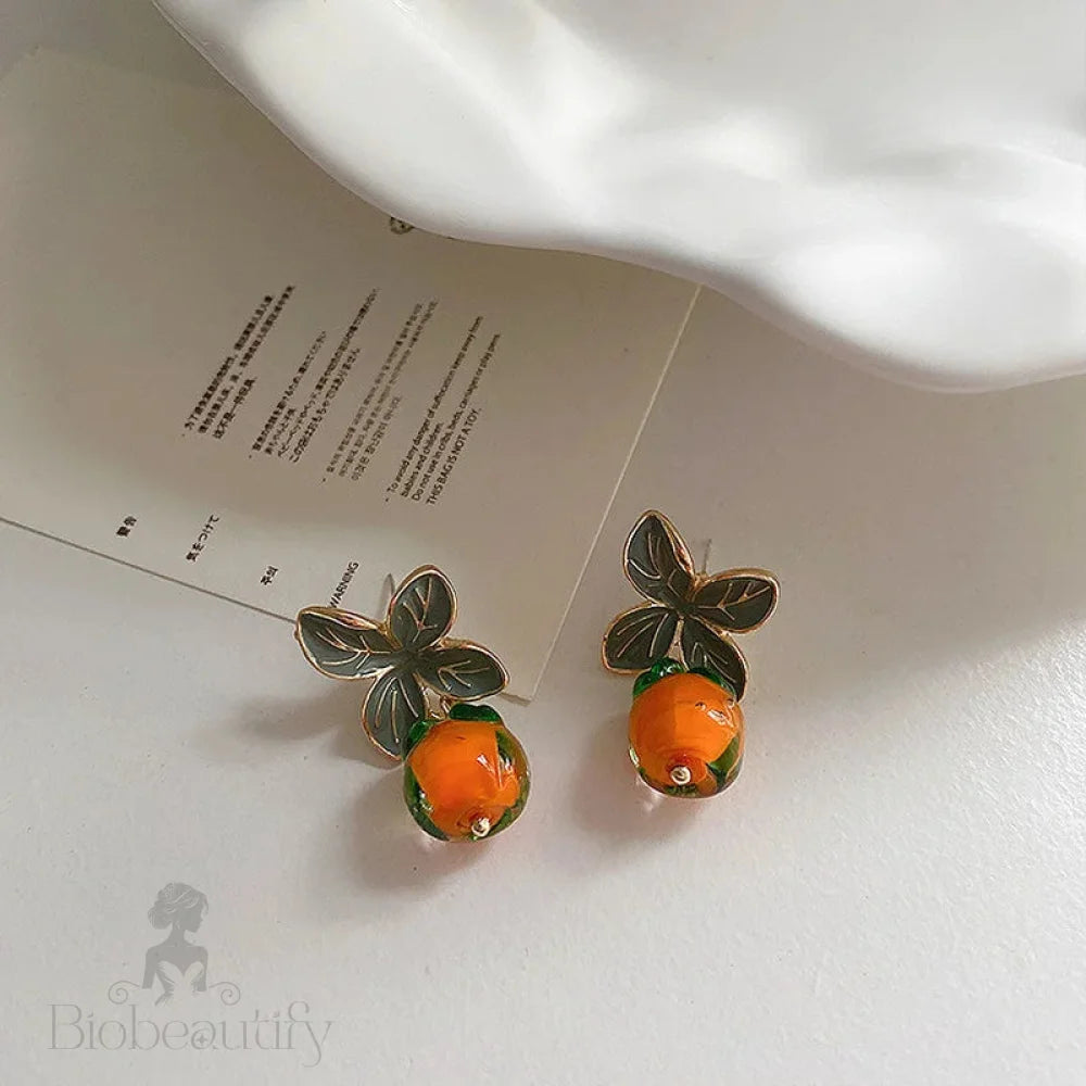 Lizakosht Enamel Resin Persimmon Drop Earrings With Green Leaves For Women