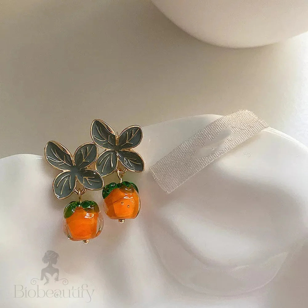 Lizakosht Enamel Resin Persimmon Drop Earrings With Green Leaves For Women