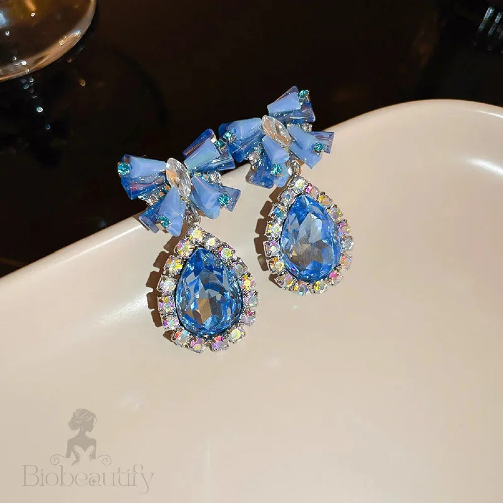 Lizakosht Minar Luxury Blue Crystal Rhinestones Bowknot Water Drop Dangle Earrings For Women Bridal