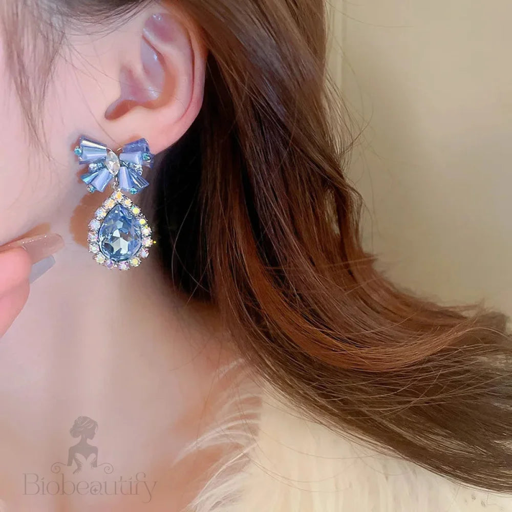 Lizakosht Minar Luxury Blue Crystal Rhinestones Bowknot Water Drop Dangle Earrings For Women Bridal