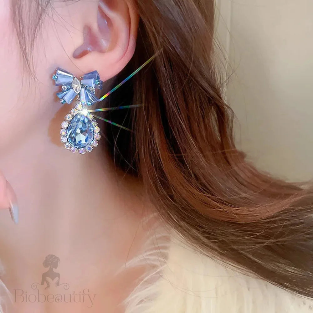 Lizakosht Minar Luxury Blue Crystal Rhinestones Bowknot Water Drop Dangle Earrings For Women Bridal