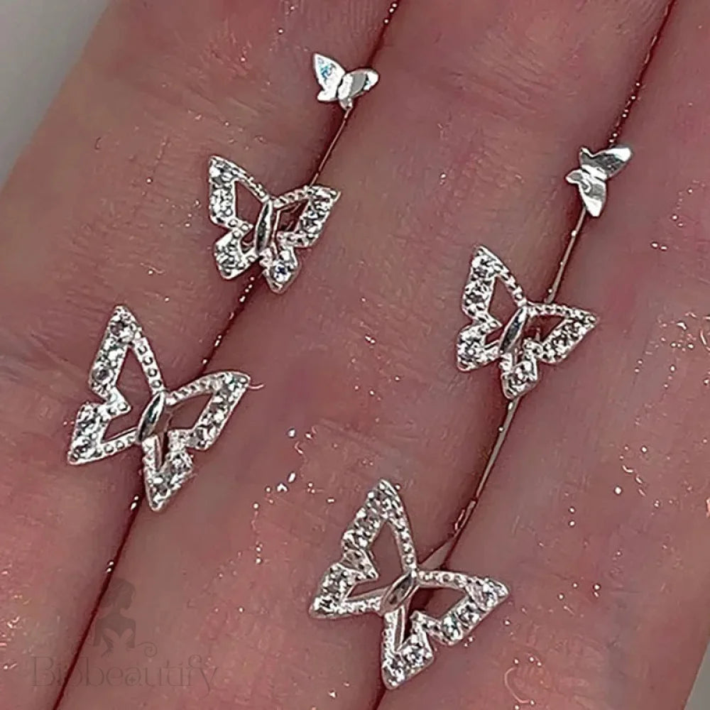 Lizakosht Mini Butterfly Stud Earrings Silver Rhinestone For Women And Girls Fashion Jewelry