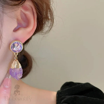 Lizakosht Retro Purple Round Crystal Irregular Dangle Earrings For Women Girls Modern Aretes De