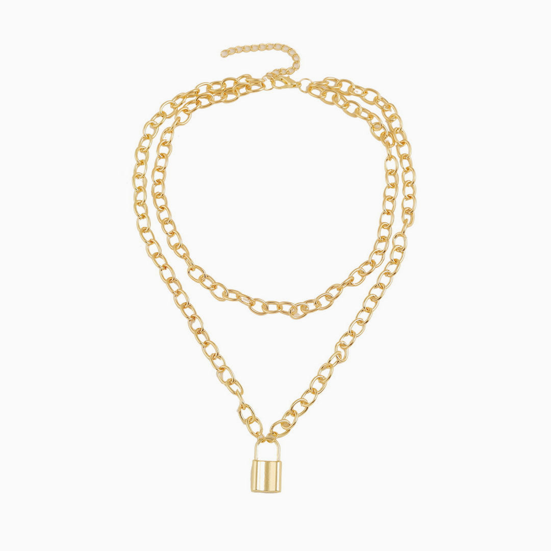 Gold Layered Chain-Link Necklace With Modern Lock Pendant One Size /